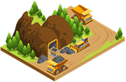 Illustration of a mining site with large brown rocks, green trees, two dump trucks, a bulldozer, and an entrance to a mine with rocks being loaded into a truck.