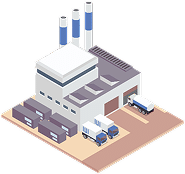 Isometric illustration of a factory building with three tall blue-and-white smokestacks, several trucks parked nearby, and shipping containers alongside the structure.
