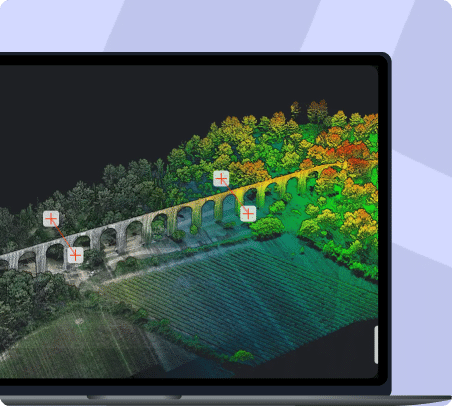 A computer screen displays a colorful 3D map of a landscape with a stone bridge, trees, and fields, featuring highlighted points along the bridge segment.