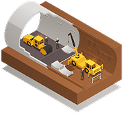 An illustration shows construction workers and machinery inside a large tunnel. A roller and crane are working, with workers overseeing the construction of the tunnel structure underground.