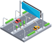 Isometric illustration of a divided city street with streetlights, green benches, trees, a red car, a yellow car, and a large blank blue billboard overhead.
