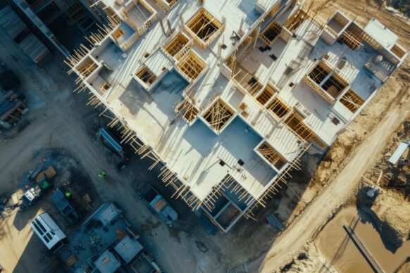 Aerial view of a construction site showing the concrete foundation and wooden framework of a building, construction vehicles, materials, and dirt roads surrounding the structure.