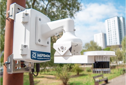 Inspemon monitoring machine mounted on an outdoor pole for real-time infrastructure data collection. 2