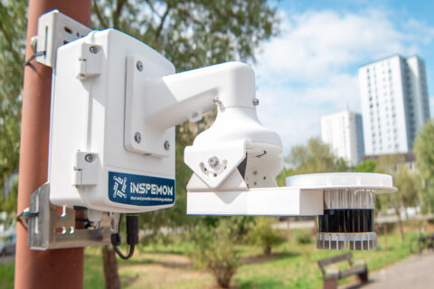 Inspemon monitoring machine mounted on an outdoor pole for real-time infrastructure data collection.