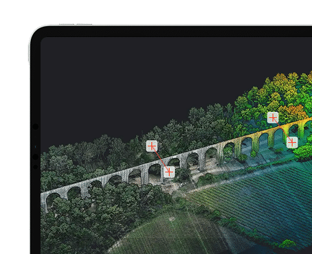 A computer screen displays a colorful 3D map of a landscape with a stone bridge, trees, and fields, featuring highlighted points along the bridge segment.